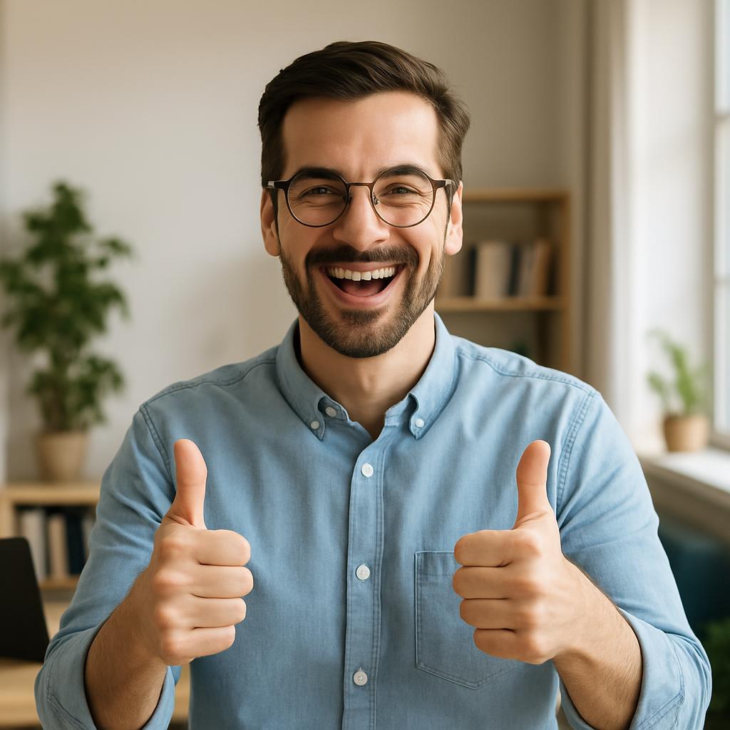 A smiling man in an office environment giving two thumbs up and wearing eyeglasses.