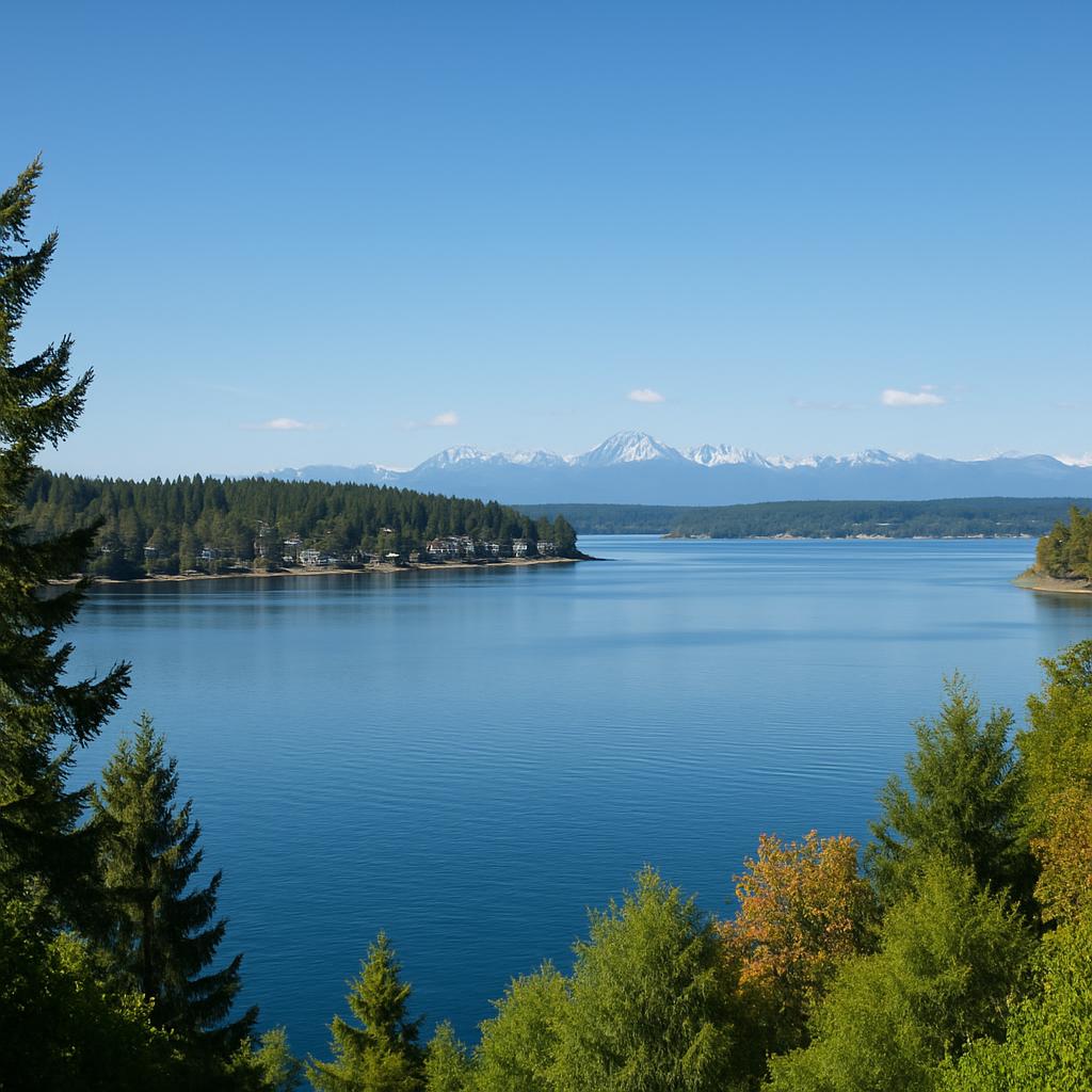 A serene landscape featuring a lake, trees, and mountains under a clear blue sky.