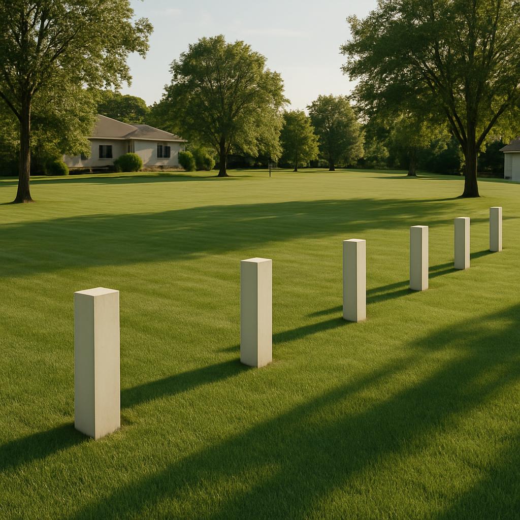 A line of seven gray composite bollards in an open lawn area featuring at least six trees and shadow stripes at an oblique...