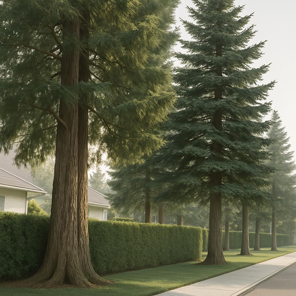 A row of fir trees lining the street of a peaceful residential neighborhood, with a low hedge separating the trees from th...