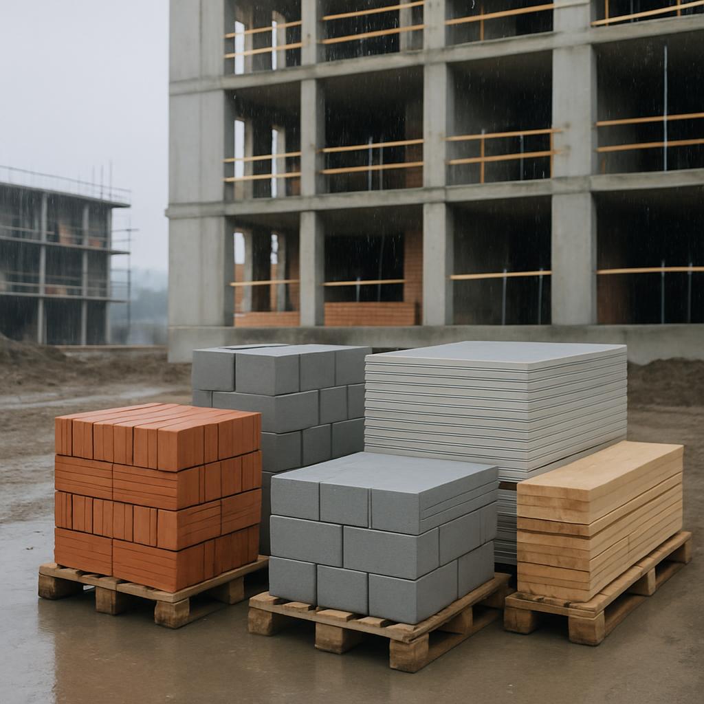 A stack of concrete construction blocks beyond a modern and well-constructed building and a wet floor.